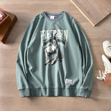 Autumn American Retro Terry Printed Hoodies Men's Pure Cotton Washed Old Pullover Knitted Long-sleeved O-neck Casual Sweatshirts