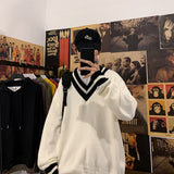 Foesce Oversized Sweater Men New V-neck Harajuku Patchwork Color Knitted Sweater Pullover Hip Hop Streetwear Loose Knitwear Tops