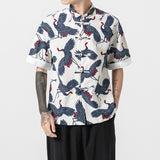 Men Chinese Style Hanfu T-shirt Japanese Harajuku Print Shirt Tops Korean Streetwear Casual Blouse Kung Fu Tang Suit Coat Shorts
