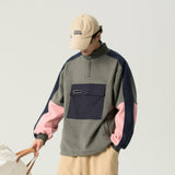 Colorblock Stand-up Collar Imitation Lamb Velvet Sweatshirt Autumn/Winter Loose Casual Bottoming Shirt Japanese Streetwear Men