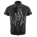 Mens Fashion Shiny Metallic T-shirt Tops Clubwear Patent Leather Turn-Down Shirt Undershirt Streetwear Male Clothing