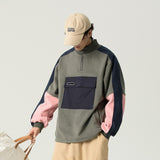 Colorblock Stand-up Collar Imitation Lamb Velvet Sweatshirt Autumn/Winter Loose Casual Bottoming Shirt Japanese Streetwear Men