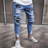 Men's Skinny ripped jeans men Pants Pencil Biker Side Striped Jeans Destroyed Hole Hip Hop Slim Fit Man Stretchy Jean Print