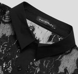 Men Mesh Shirt Lace Lapel Long Sleeve Transparent Streetwear Sexy Camisas Fashion Party Nightclub Shirts Men S-5XL