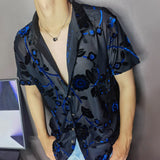 Foesce Blue Top Blouse Social Club Outfits Party Designer Shirt Fashion Velvet Flower Shirt Men Transparent Short Sleeve Sexy Shirt