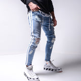 Men's Skinny ripped jeans men Pants Pencil Biker Side Striped Jeans Destroyed Hole Hip Hop Slim Fit Man Stretchy Jean Print