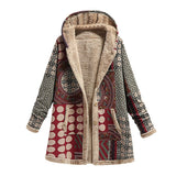 Winter Vintage Women Coat Warm Printing Thick Fleece Hooded Long Jacket with Pocket Ladies Outwear Loose Coat for Women