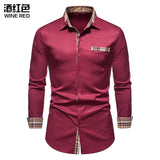 Autumn Plaid Patchwork Formal Shirts for Men Slim Long Sleeve Button Up Blue Shirt Dress Business Office Camisas