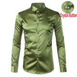 Foesce Green Silk Satin Dress Shirt Men Luxury Brand New Casual Dance Party Long Sleeve Chemise Smooth Wrinkle Free Tuxedo Shirts