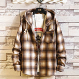 Casual Brand With Hooded Plaid Shirt Men'S Fleece Red Shirts Long Sleeves New Spring Autumn Plus OverSize M-6XL