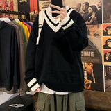 Foesce Oversized Sweater Men New V-neck Harajuku Patchwork Color Knitted Sweater Pullover Hip Hop Streetwear Loose Knitwear Tops