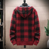 Autumn Korean Hooded Men's Sweater with Thick and Velvet Men's Cardigan Knitted Sweater Coat Grid Jacket Male M-4XL