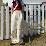 Women's Jeans Streetwear Casual Heart Shaped Embroidery Elastic Waist Vintage Baggy Straight Denim Trouser Wide Leg Pants