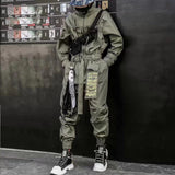 Foesce Hip Hop Streetwear Jumpsuits Men Ribbon Embroidered Cargo Pants Long Sleeve Rompers Joggers Techwear Overall Suit Men