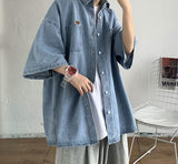 Bear Embroidered Denim Short Sleeve Shirt Men's summer half Sleeve coat thin ruffian handsome trend camisa shirts streetwear