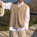 Foesce Menswear Korean Style Fashion Knitted Vest Men's Autumn New Personalized V-Neck Loose Sleeveless Sweater Vests Tide