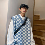 Foesce Autumn Winter Plaid Vest Men Warm Fashion Casual Knitted Pullover Men Korean Loose Sleeveless Sweater Mens Jumper Clothes M-2XL