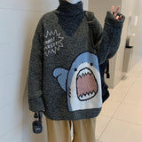 Foesce Men Turtlenecks Shark Sweater Men Winter Patchwor Harajuku Korean Style High Neck Oversized Grey Turtleneck For Men