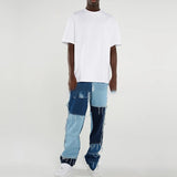 Foesce Mens Denim Pants Casual Black Blue Skinny slim Fit Patchwork Denim Pants Biker Hip Hop Jeans for men with Loose Denim Pants