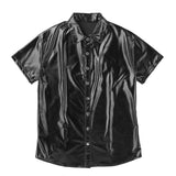 Mens Fashion Shiny Metallic T-shirt Tops Clubwear Patent Leather Turn-Down Shirt Undershirt Streetwear Male Clothing