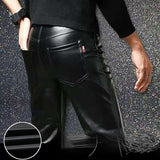 Men's Leather Pants Slim Fit PU Leather Pants Elastic Single Layer Motorcycle Leather Pants Man Waterproof Oil-Proof Young