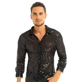 Mens Tuxedo Shirts Shiny Sequins See Through Mesh Long Sleeve Clubwear for Night Party Show Dancing Performance Top Shirt