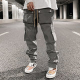 Foesce High Street Multi-pocket Casual Trousers for Men and Women Side Breasted Drawstring Cargo Pants Harajuku Solid Loose Pants