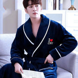 Flannel Dragon Crane Men Kimono Bathrobe Gown Casual Nightwear Winter Thick Warm Sleepwear Nightgown Plus Size Loose Homewear