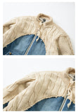 Foesce Men's Hi Street Twist Sweater Patchwork Denim Jacket Streetwear Kangaroo Pockets Jean Coat for Male