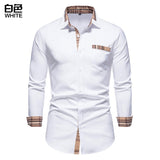 Autumn Plaid Patchwork Formal Shirts for Men Slim Long Sleeve Button Up Blue Shirt Dress Business Office Camisas