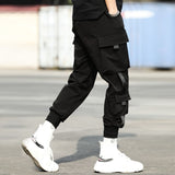 Men's Side Pockets Cargo Harem Pants Ribbons Black Hip Hop Casual Male Joggers Trousers Fashion Casual Streetwear Pants