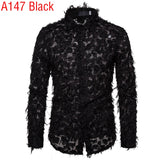 Foesce Sexy Black Feather Lace Shirt Men Fashion See Through Clubwear Dress Shirts Mens Event Party Prom Transparent Chemise S-3XL