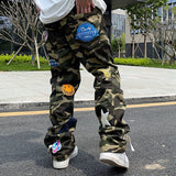 High Street Camouflage Jeans Mens Embroidered Patch Men's Streetwear Fashion Brand American Hip Hop Straight Casual Cargo Pants