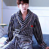 Flannel Dragon Crane Men Kimono Bathrobe Gown Casual Nightwear Winter Thick Warm Sleepwear Nightgown Plus Size Loose Homewear