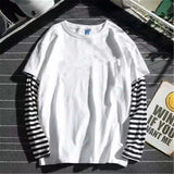 Foesce Cool Striped Patchwork T-Shirt Men Autumn Oversize Tops Boys Solid Long Sleeve T Shirt Fashion Japanese Gothic Japan T Shirt