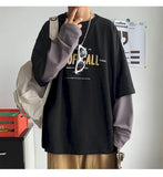 Fake Two-piece Long-sleeved T-shirt Women Tshirt Men Autumn  Korean Loose Letter Printing Student Jacket Couple Outfit Punk