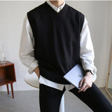 Foesce New Fall Sleeveless Mens Sweater Vest Loose Solid Color Simple V Neck Sweater Men Korean Style Harajuku Trend Pullover Vest