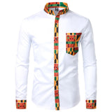 Dashiki African Mens Shirt Patchwork Pocket Africaine Print Shirt Men Ankara Style Long Sleeve Design Collar Mens Dress Shirts