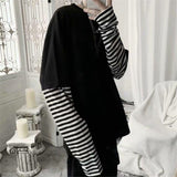 Foesce Cool Striped Patchwork T-Shirt Men Autumn Oversize Tops Boys Solid Long Sleeve T Shirt Fashion Japanese Gothic Japan T Shirt