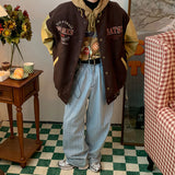 Foesce Letter Embroidery Woman Jacket Retro Street Stitching Coat Women Loose Casual Hit Color Baseball Uniform Women Jackets Clothes