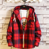 Casual Brand With Hooded Plaid Shirt Men'S Fleece Red Shirts Long Sleeves New Spring Autumn Plus OverSize M-6XL