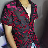 Foesce Blue Top Blouse Social Club Outfits Party Designer Shirt Fashion Velvet Flower Shirt Men Transparent Short Sleeve Sexy Shirt