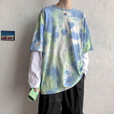 Spring/Autumn Fake Two-piece Tshirt Women T Shrit Long-sleeved T-shirt Korean Trend Student Bottoming Shirt Hip-hop Tie-dye Top