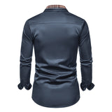 Autumn Plaid Patchwork Formal Shirts for Men Slim Long Sleeve Button Up Blue Shirt Dress Business Office Camisas