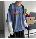 Fake Two-piece Long-sleeved T-shirt Women Tshirt Men Autumn  Korean Loose Letter Printing Student Jacket Couple Outfit Punk
