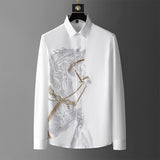 Foesce Shirts Mens Luxury Top Diamond Men's Shirt Long Mouw Slim Casual Shirt Black Animal Horse Shirt Social Camisa Hombre
