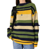 Women Vintage Striped Patchwork Sweater  Autumn Long Sleeve Oversize Knit Hip Pullover Hop BF Unisex Couples Winter Tops