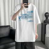 Summer  Short-Sleeved T-Shirt Men Women Harajuku Cloud Print Hong Kong Style Fifth Sleeve Tee Preppy Hip-Hop Simple Top