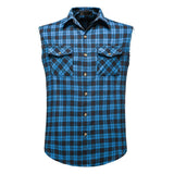 Men's Casual Flannel Plaid Shirt Sleeveless Double Pocket Cowboy Button Down Shirts Men Cotton Plus Size Vest Checkered Top 2XL