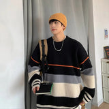Foesce Striped sweater men's autumn and winter fashion brand loose color matching sweater coat versatile lazy wind thickened round neck